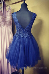 A Line V Neck Blue Lace Short Semi Formal Prom Dresses, Blue Lace Homecoming Dresses, Short Blue Formal Evening Dresses